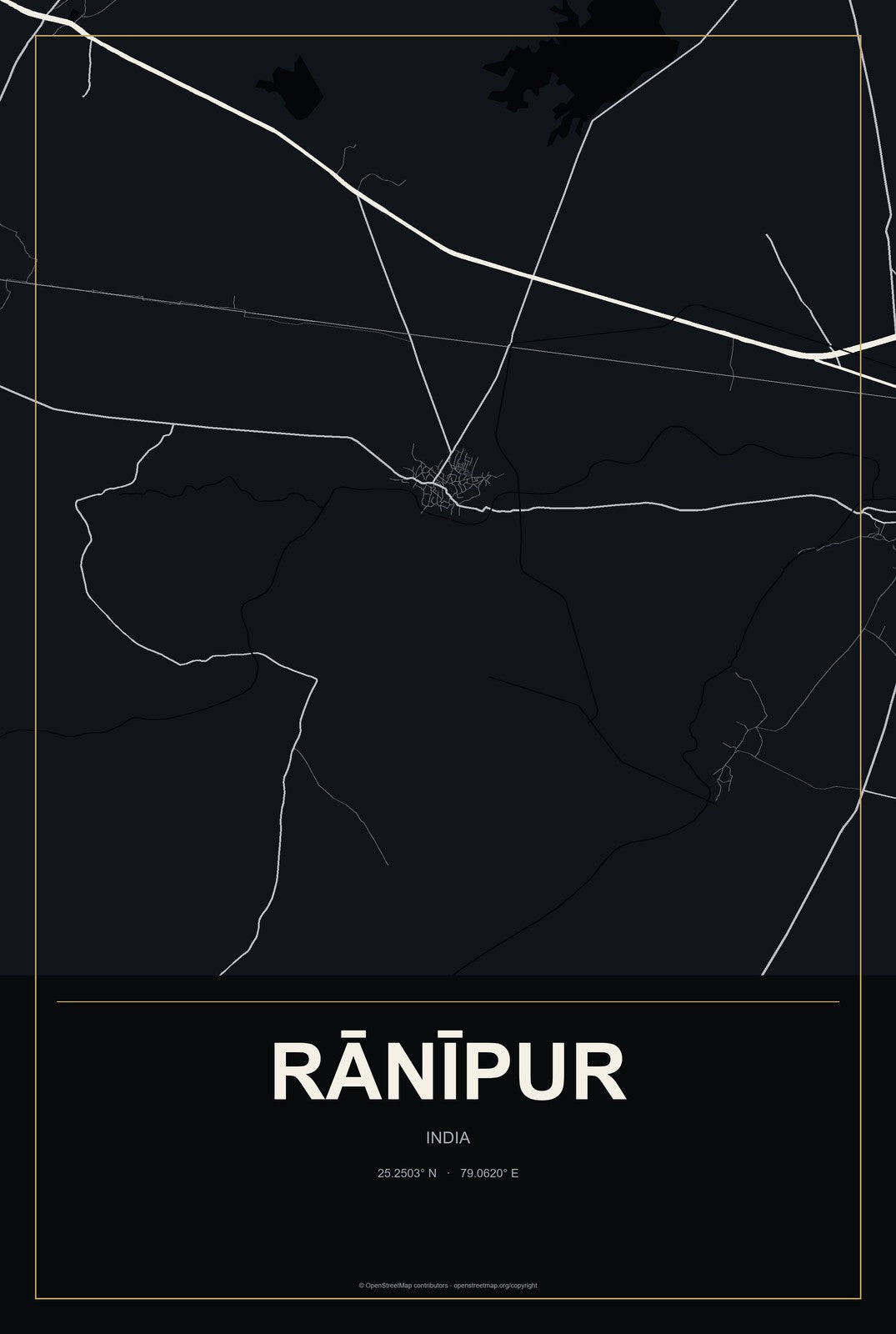 Rānīpur, India City Map Aluminum Sign in Metropolitan Noir style