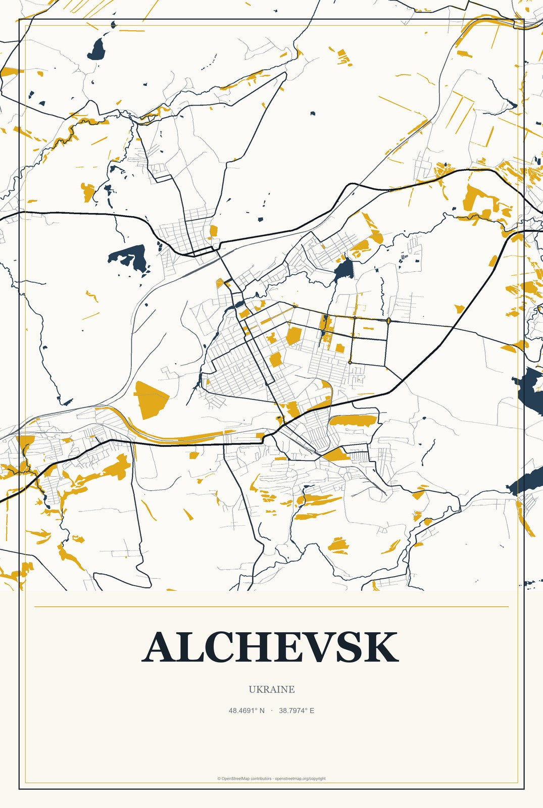 Alchevsk, Ukraine City Map Aluminum Sign in Citrine Modern style