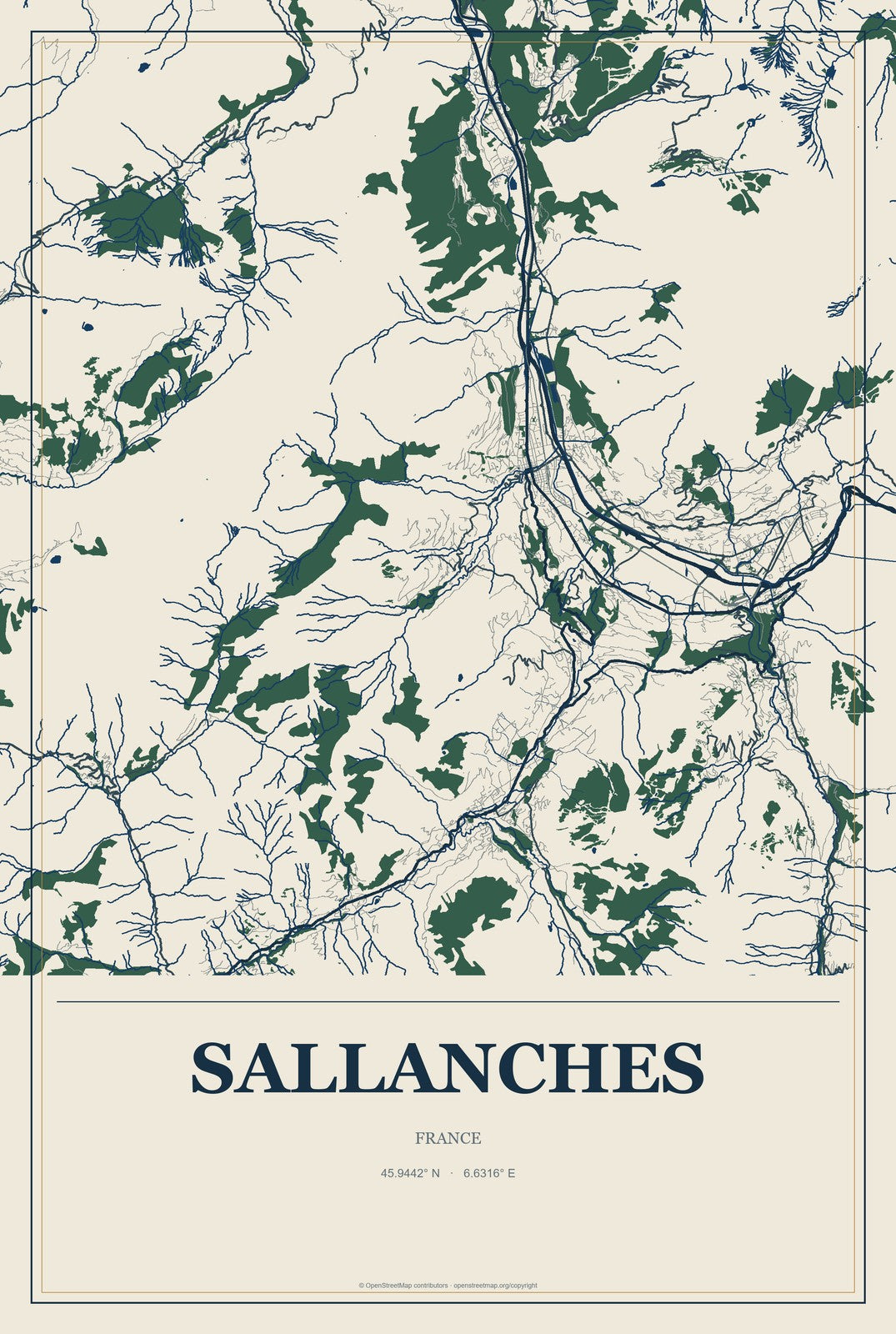 Sallanches, France City Map Aluminum Sign in Coastal Cutout style