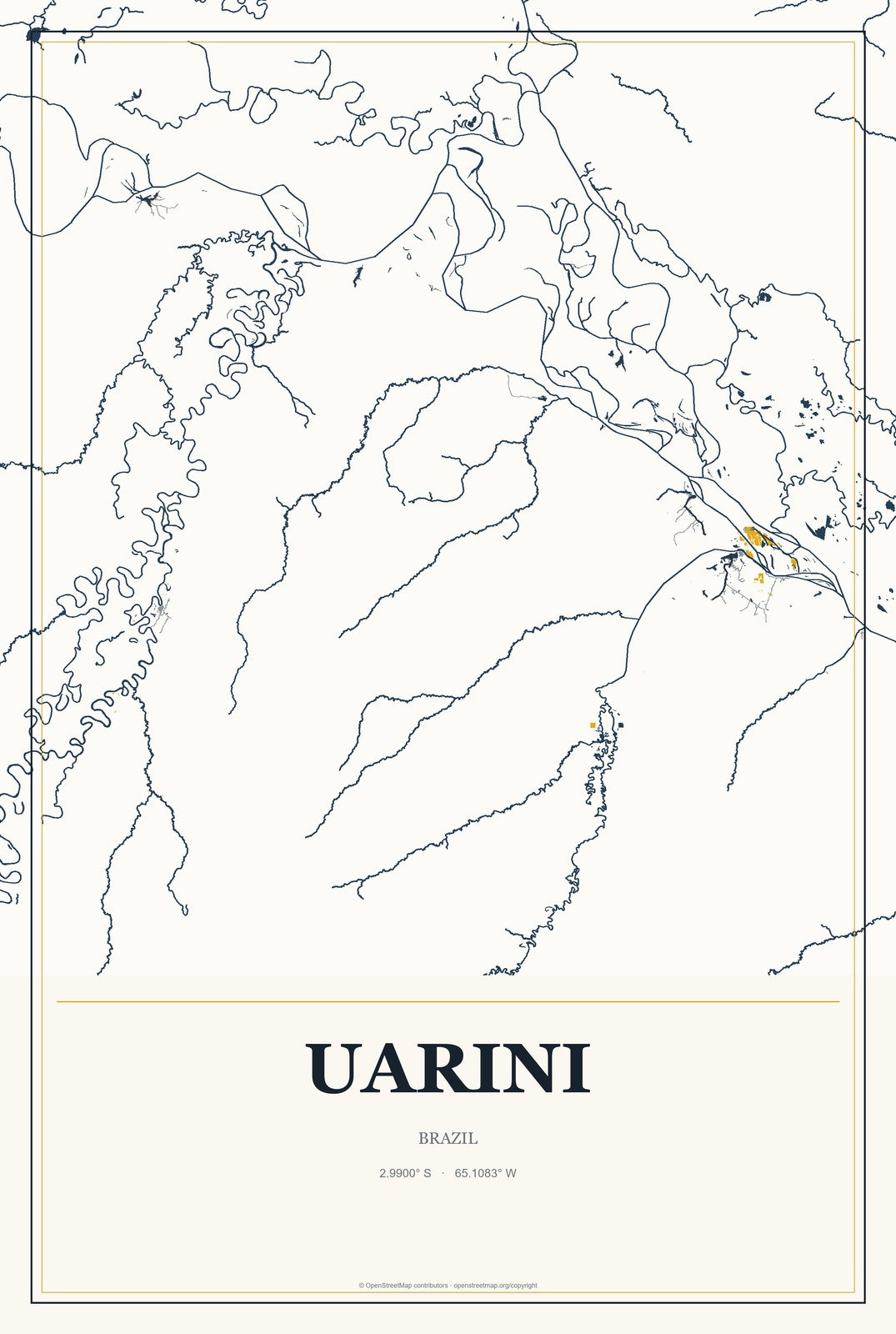 Uarini, Brazil City Map Aluminum Sign in Citrine Modern style