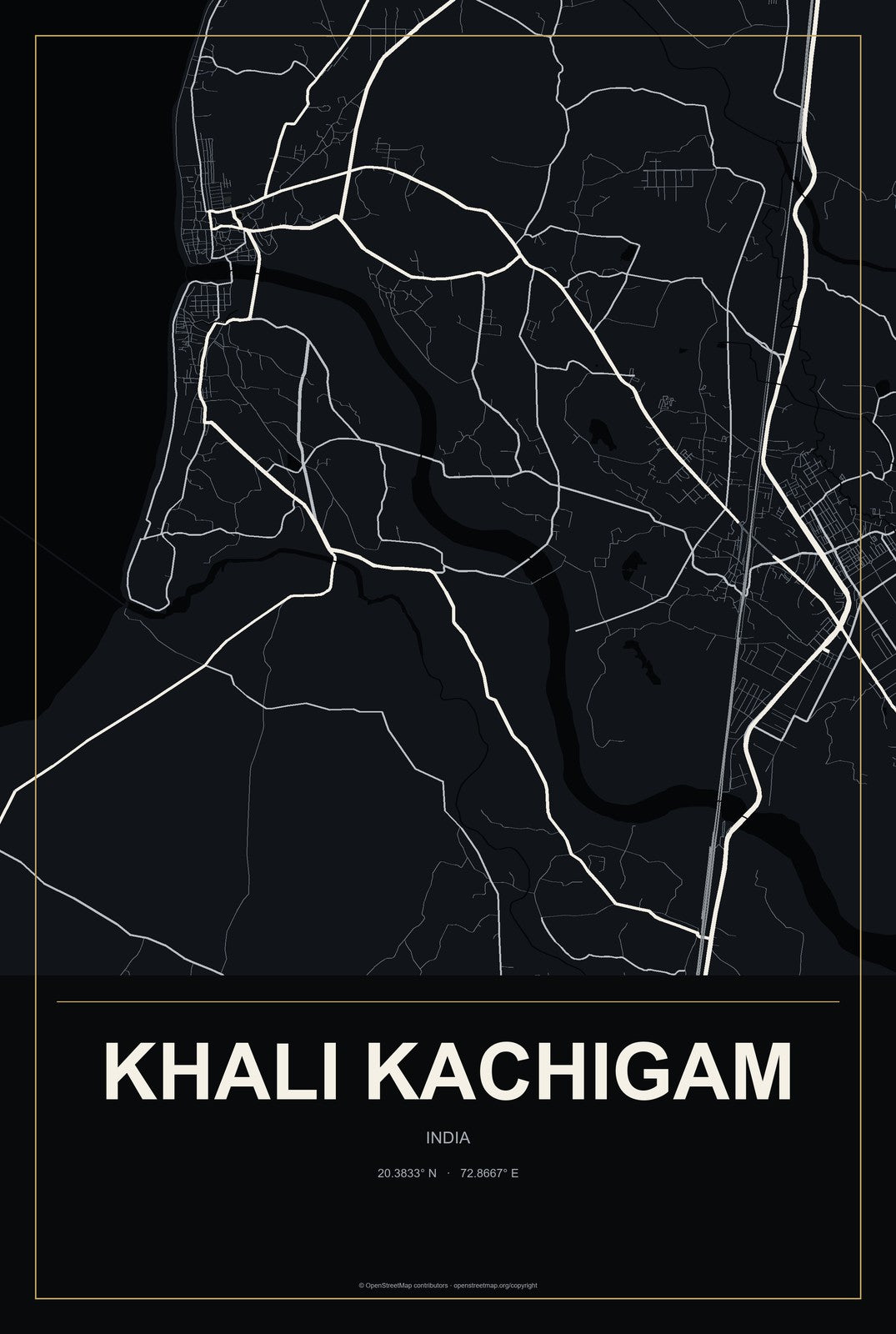 Khali Kachigam, India City Map Aluminum Sign in Metropolitan Noir style