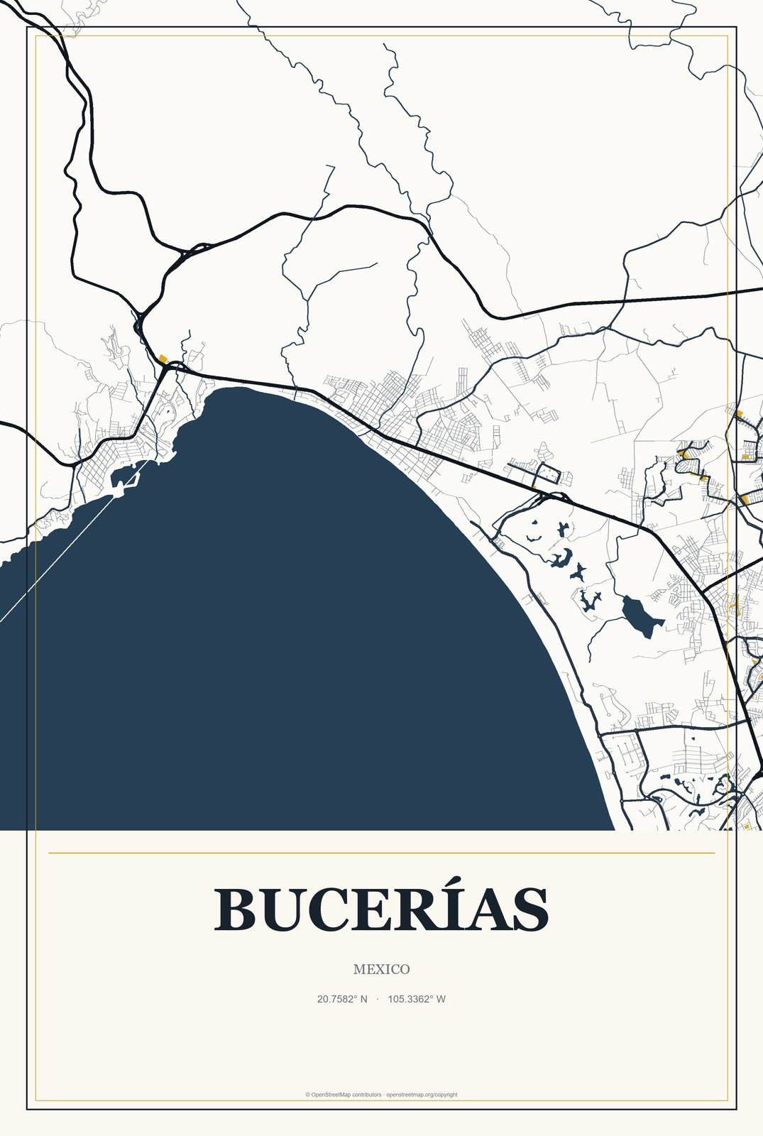 Bucerías, Mexico City Map Aluminum Sign in Citrine Modern style