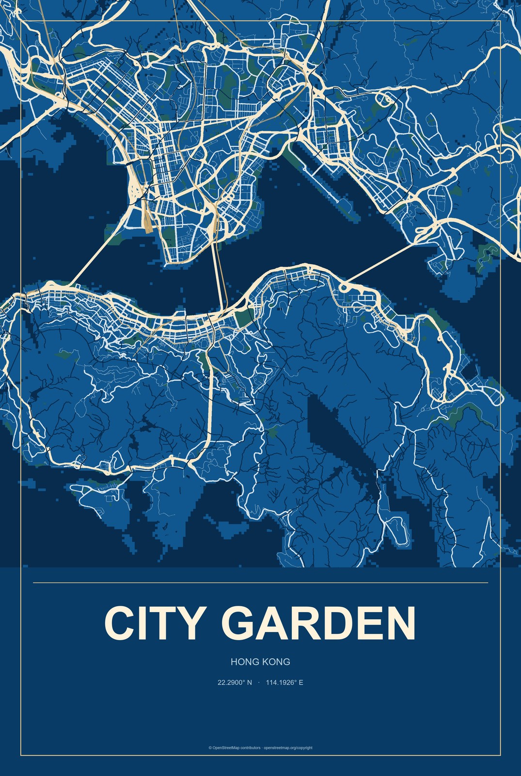 City Garden, Hong Kong City Map Aluminum Sign in Harbor Cobalt style