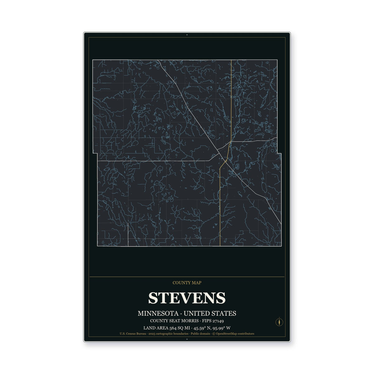 Stevens County, Minnesota Map Aluminum Sign in Metropolitan Noir style