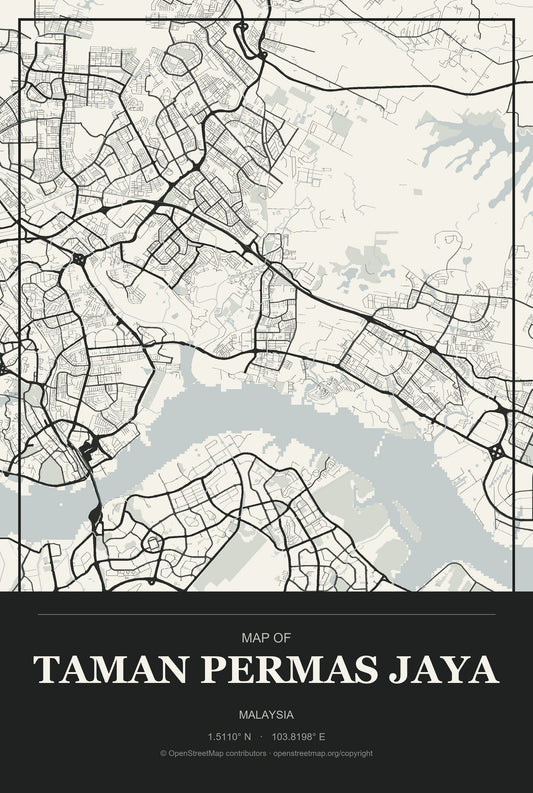 Taman Permas Jaya, Malaysia City Map Aluminum Sign in Museum Plaque style