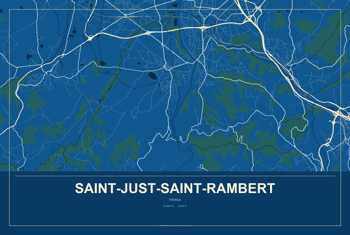 Saint-Just-Saint-Rambert, France City Map Aluminum Sign in Harbor Cobalt style