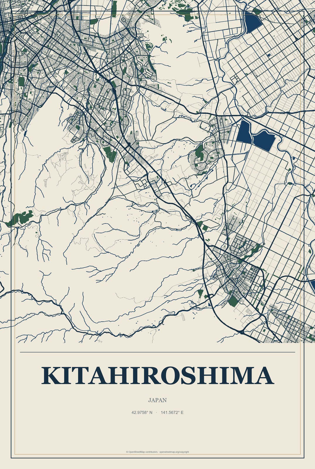 Kitahiroshima, Japan City Map Aluminum Sign in Coastal Cutout style