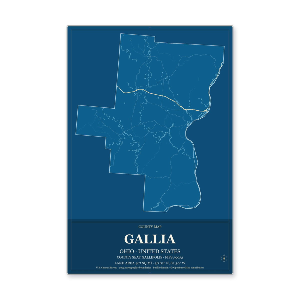 Gallia County, Ohio Map Aluminum Sign in Harbor Cobalt style