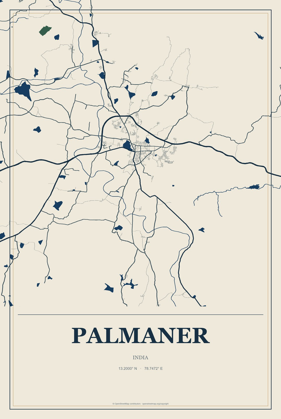 Palmaner, India City Map Aluminum Sign in Coastal Cutout style