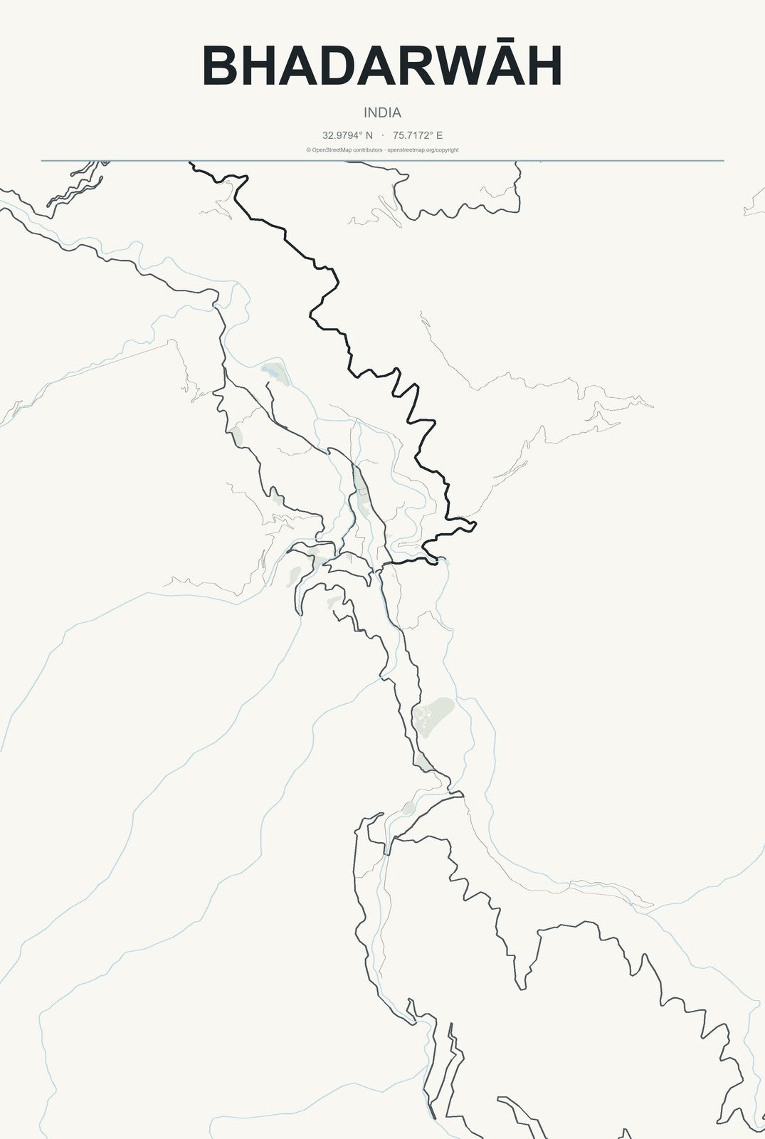 Bhadarwāh, India City Map Aluminum Sign in Headline Atlas style