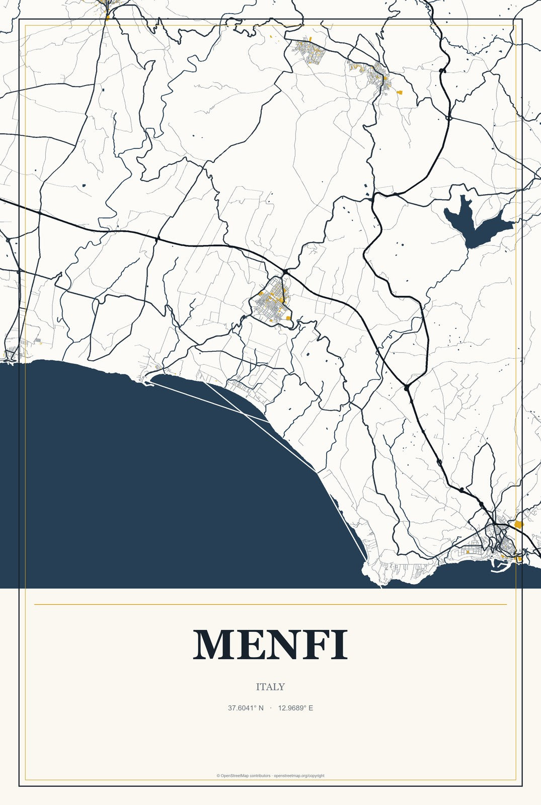 Menfi, Italy City Map Aluminum Sign in Citrine Modern style