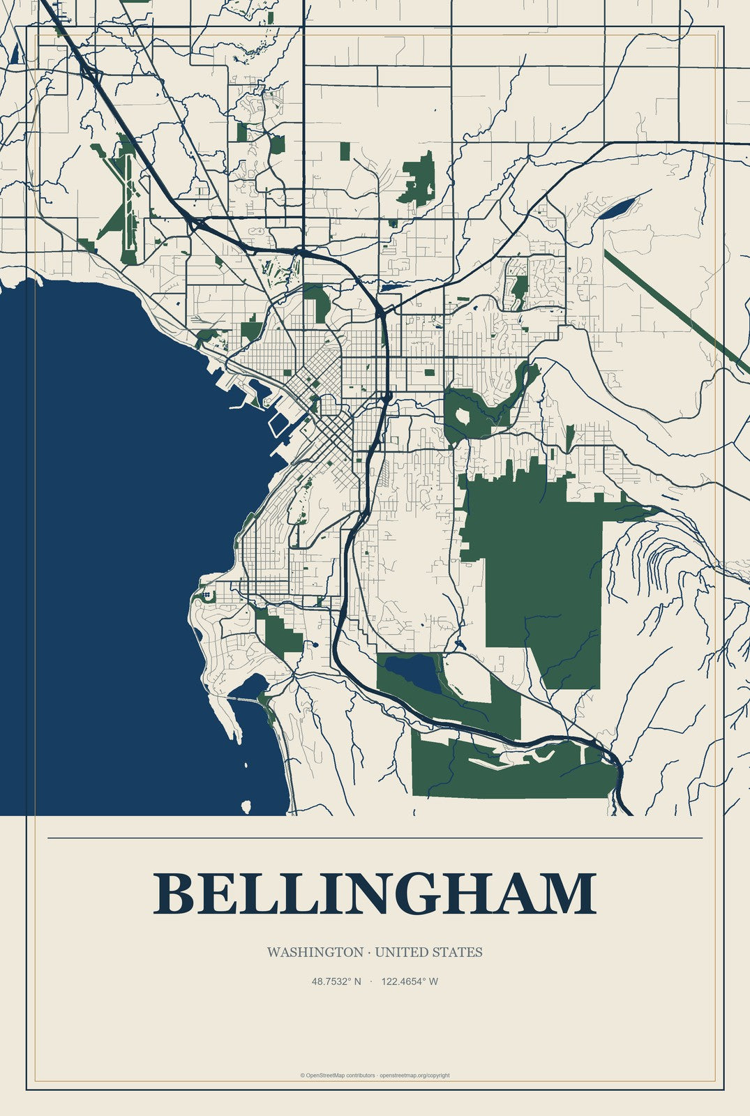 Bellingham, Washington City Map Aluminum Sign in Coastal Cutout style
