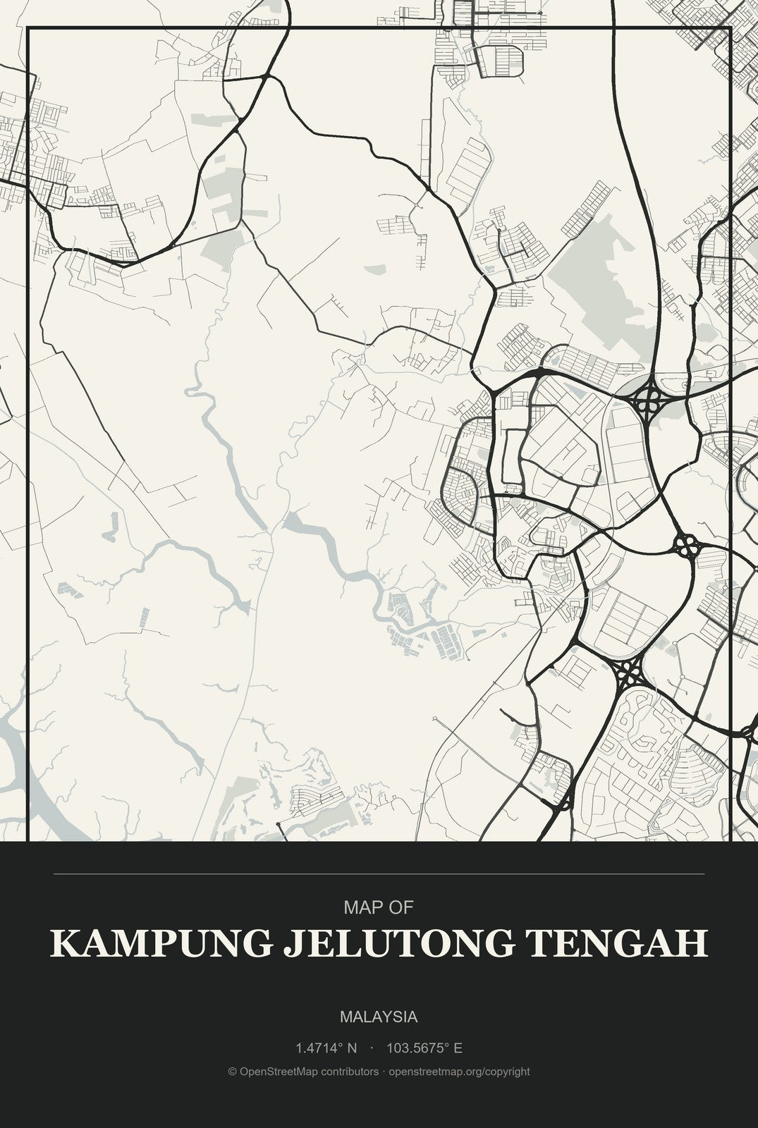 Kampung Jelutong Tengah, Malaysia City Map Aluminum Sign in Museum Plaque style
