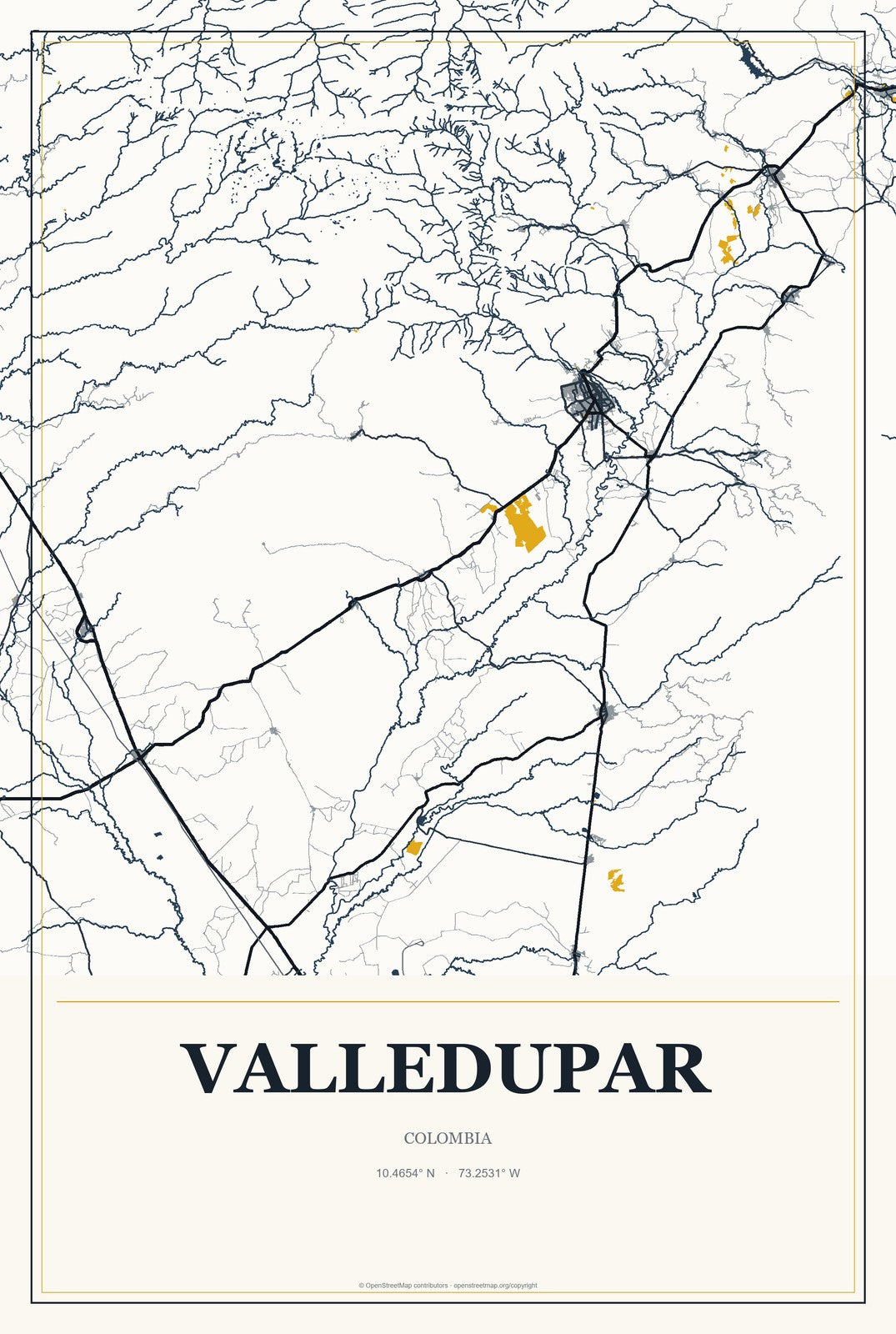 Valledupar, Colombia City Map Aluminum Sign in Citrine Modern style
