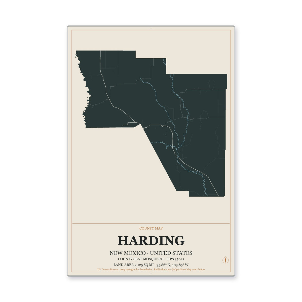 Harding County, New Mexico Map Aluminum Sign in Headline Atlas style
