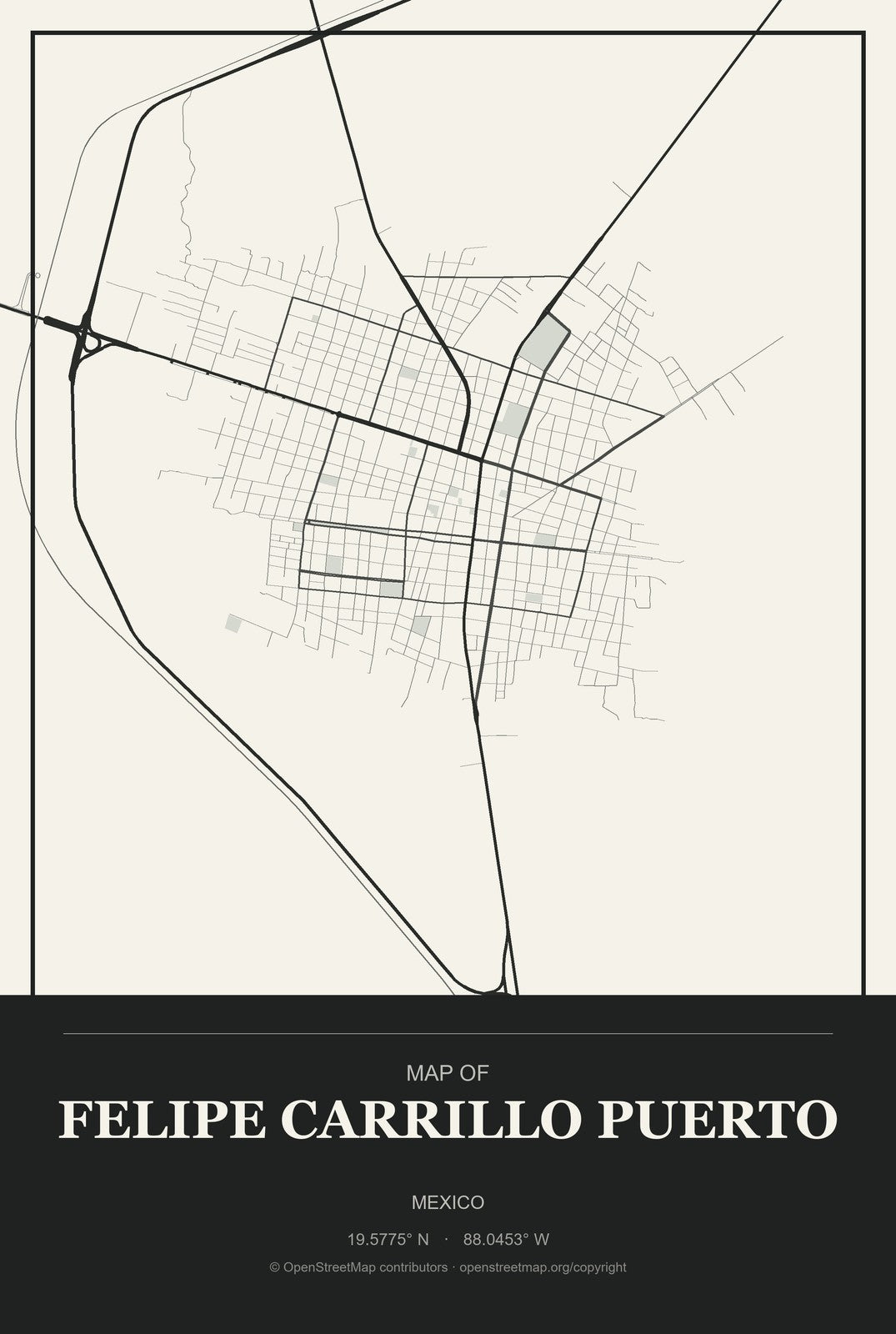 Felipe Carrillo Puerto, Quintana Roo, Mexico City Map Aluminum Sign in Museum Plaque style