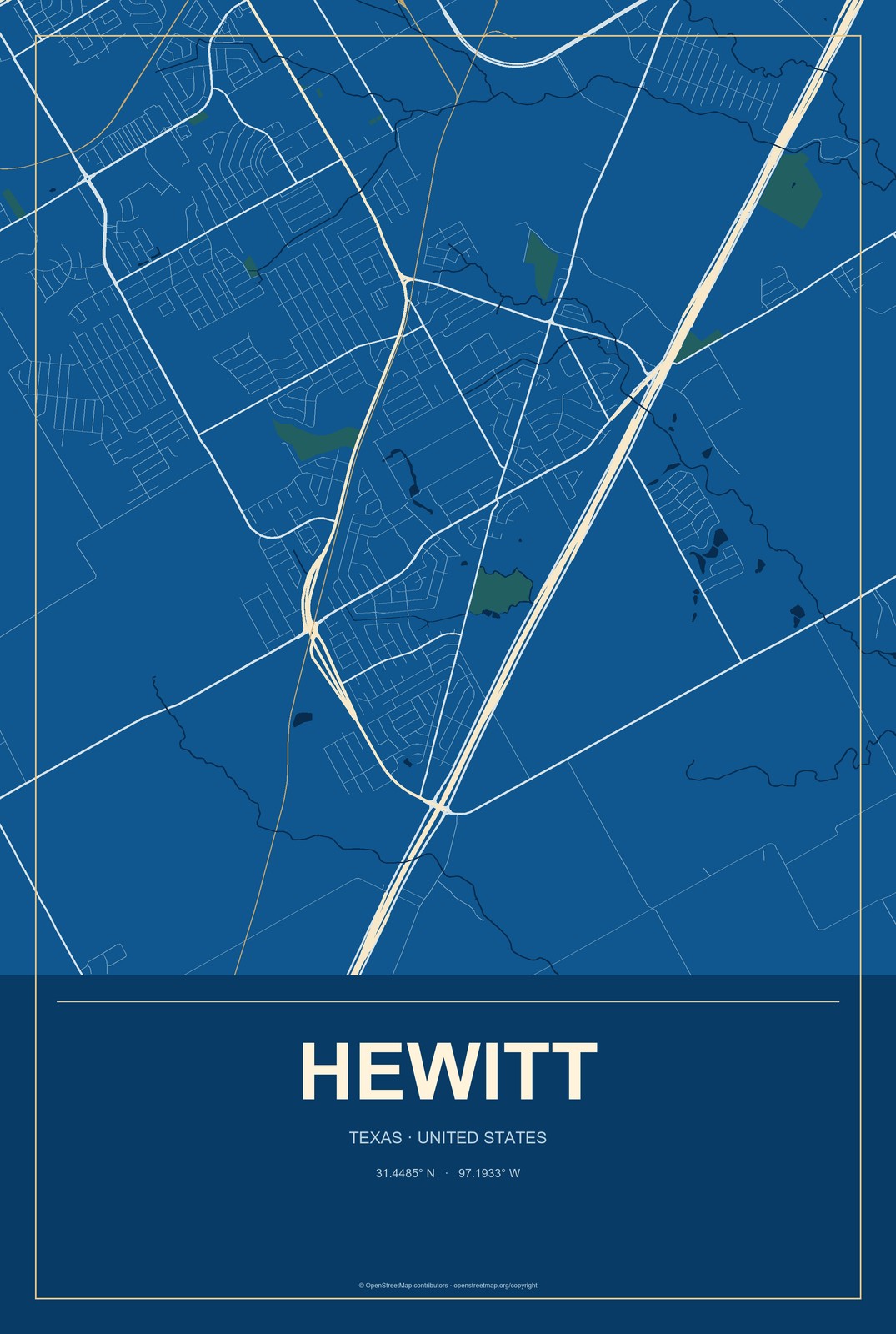 Hewitt, Texas City Map Aluminum Sign in Harbor Cobalt style