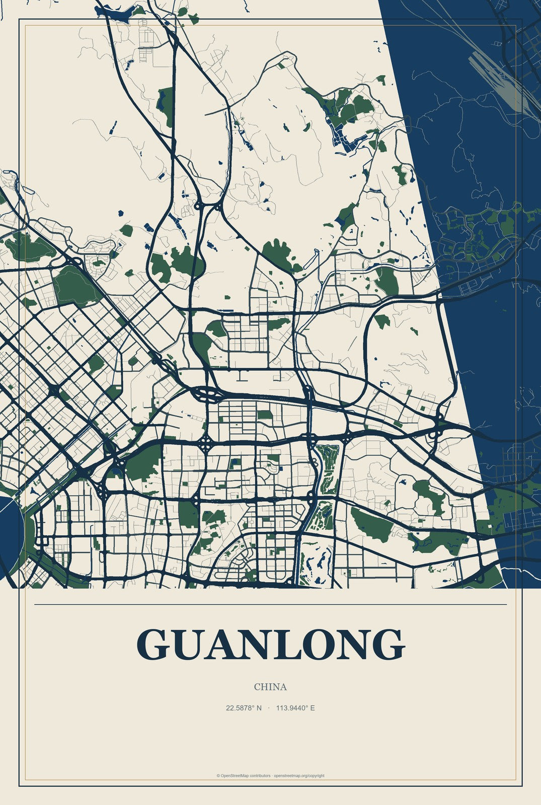 Guanlong, China City Map Aluminum Sign in Coastal Cutout style