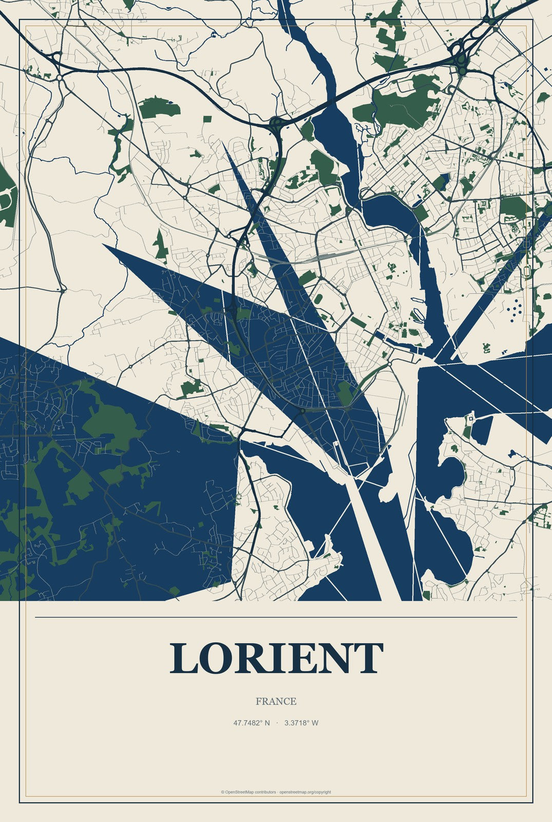 Lorient, France City Map Aluminum Sign in Coastal Cutout style