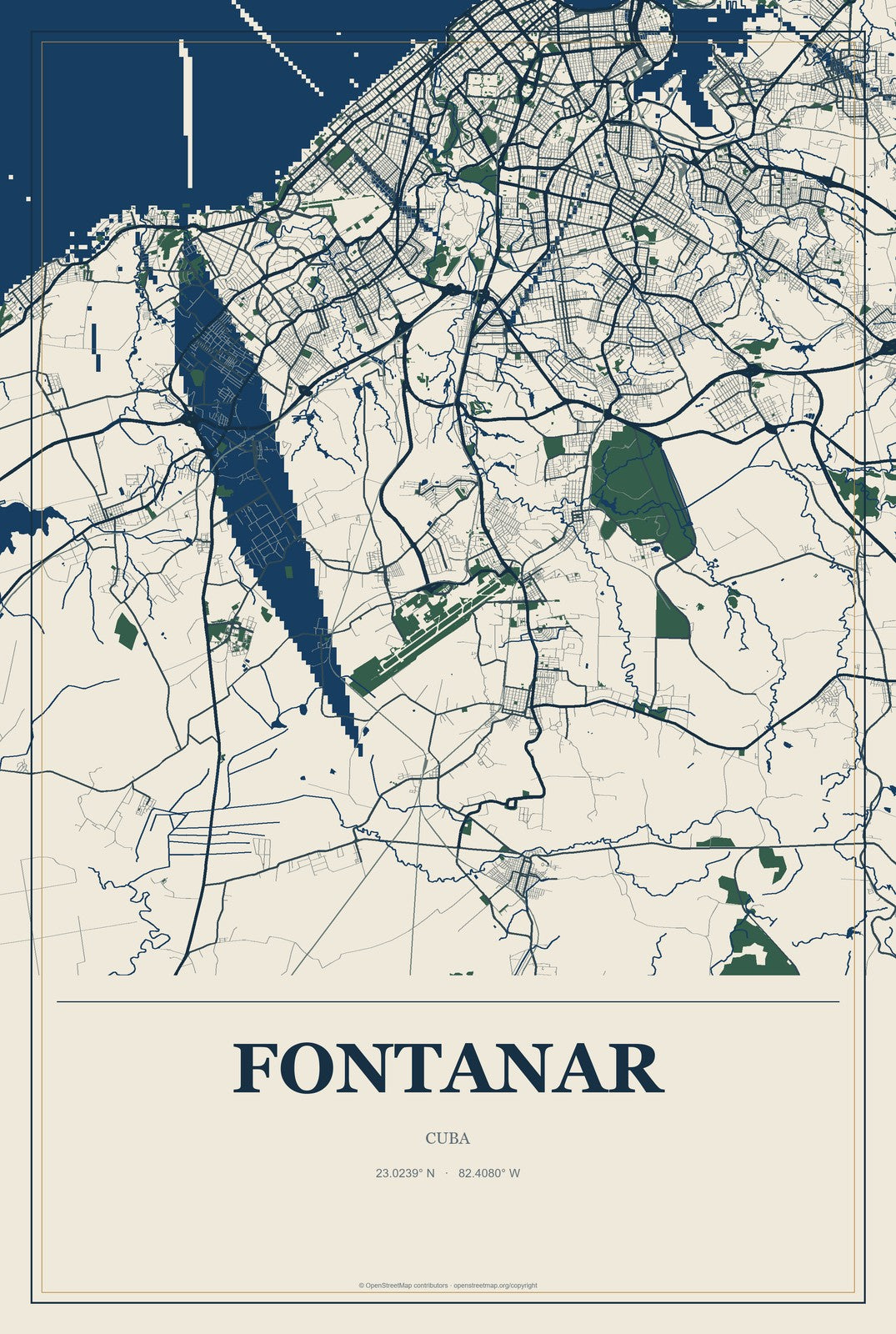 Fontanar, Cuba City Map Aluminum Sign in Coastal Cutout style