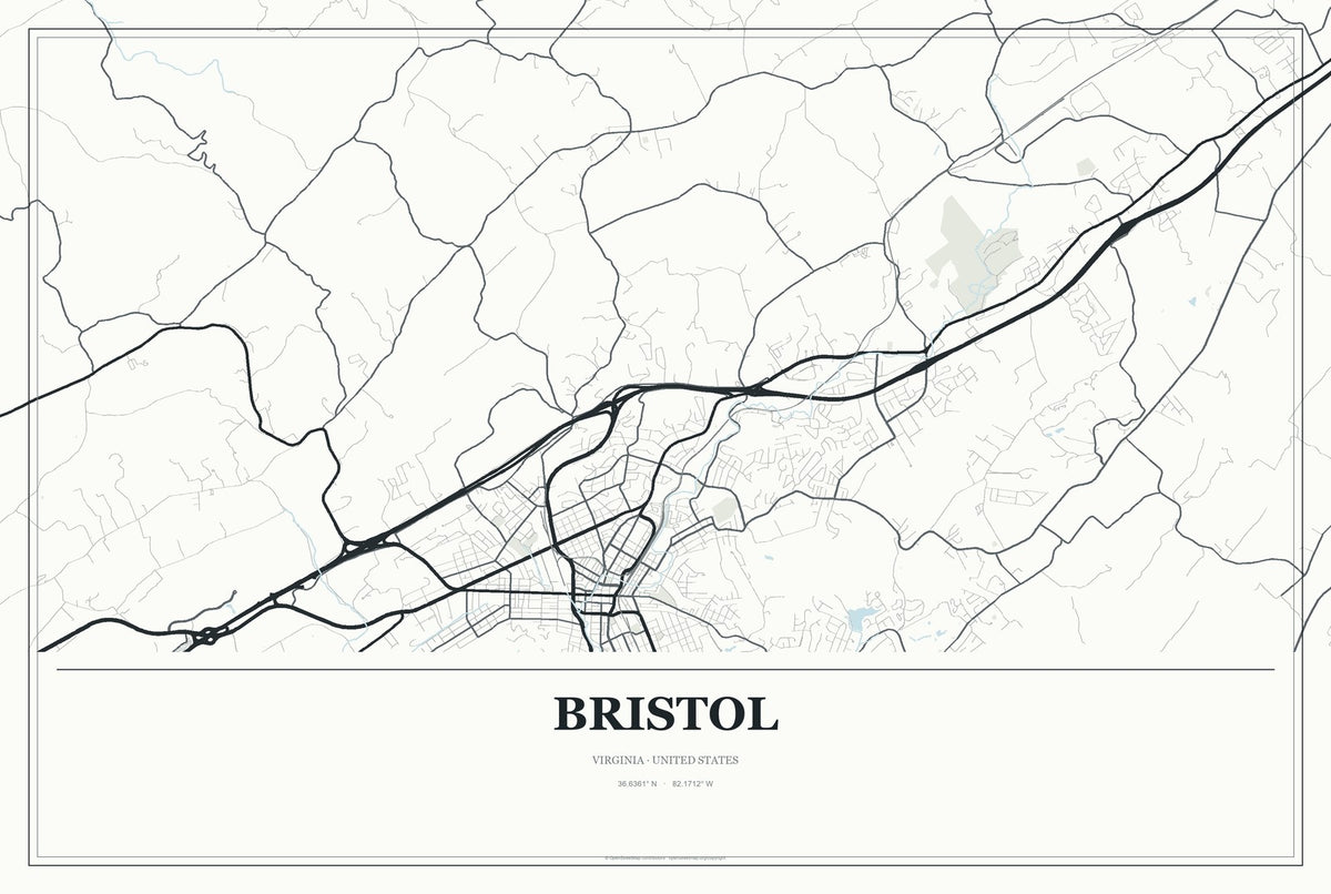Bristol, Virginia City Map Aluminum Sign in Gallery Air style