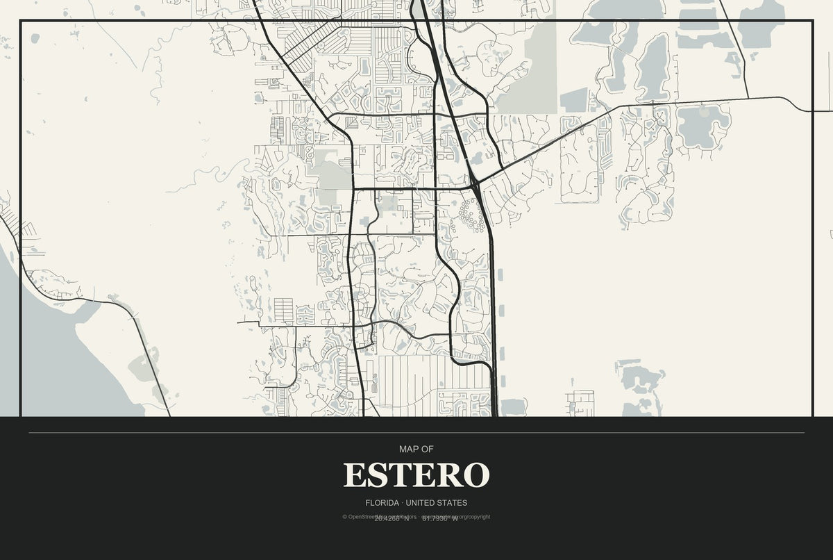 Estero, Florida City Map Aluminum Sign in Museum Plaque style