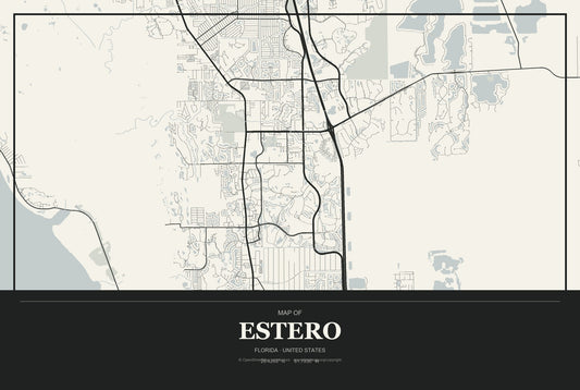 Estero, Florida City Map Aluminum Sign in Museum Plaque style