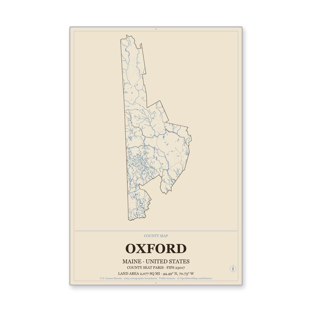 Oxford County, Maine Map Aluminum Sign in Heritage Nautical style