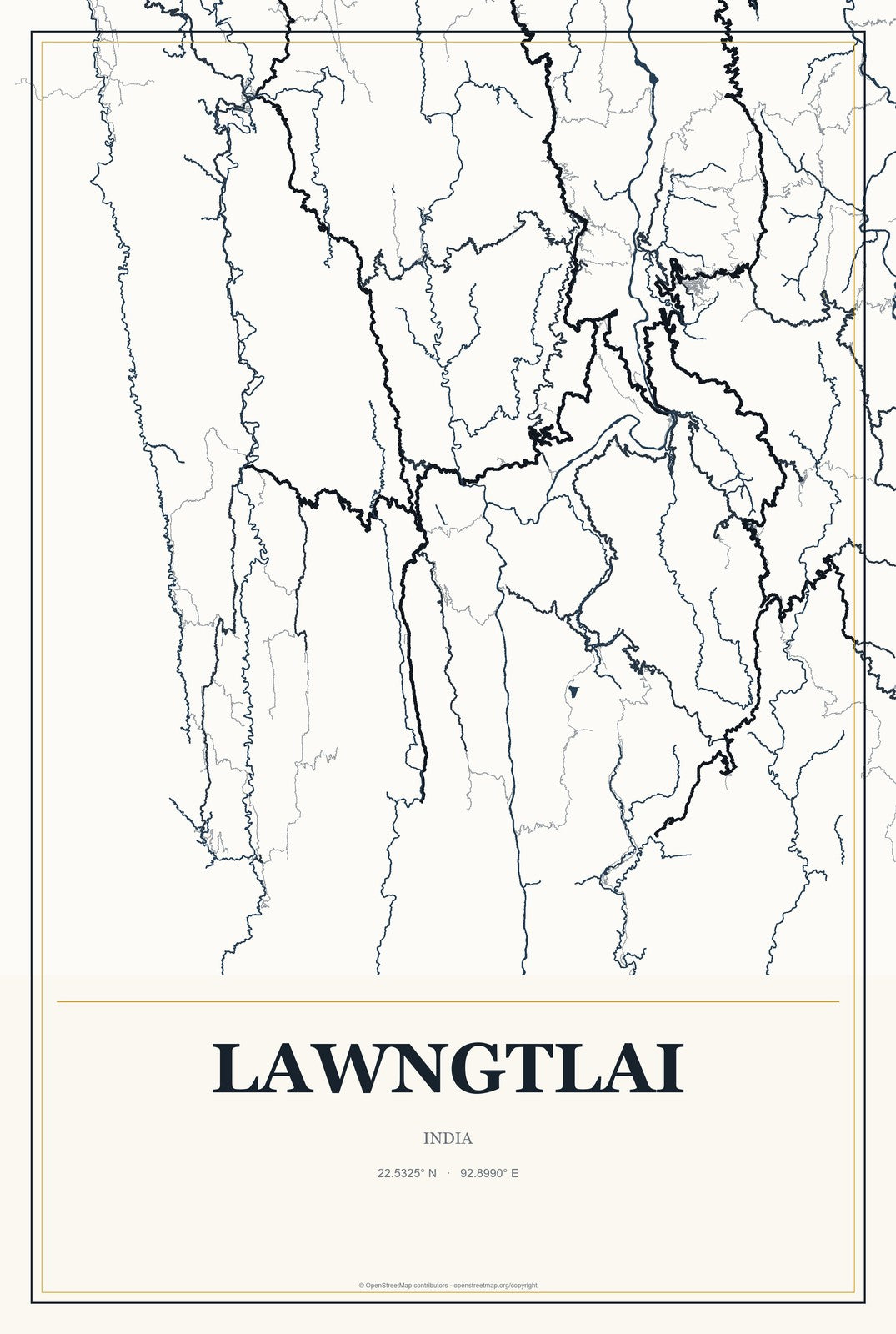 Lawngtlai, India City Map Aluminum Sign in Citrine Modern style
