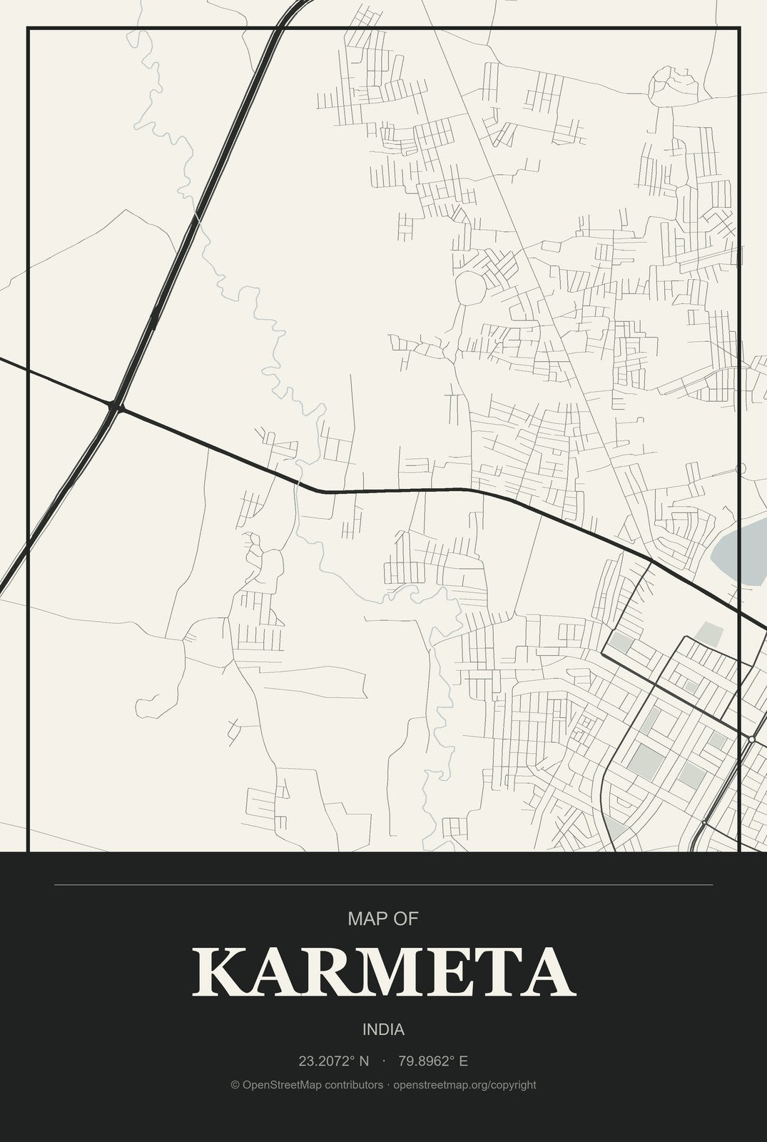 Karmeta, India City Map Aluminum Sign in Museum Plaque style