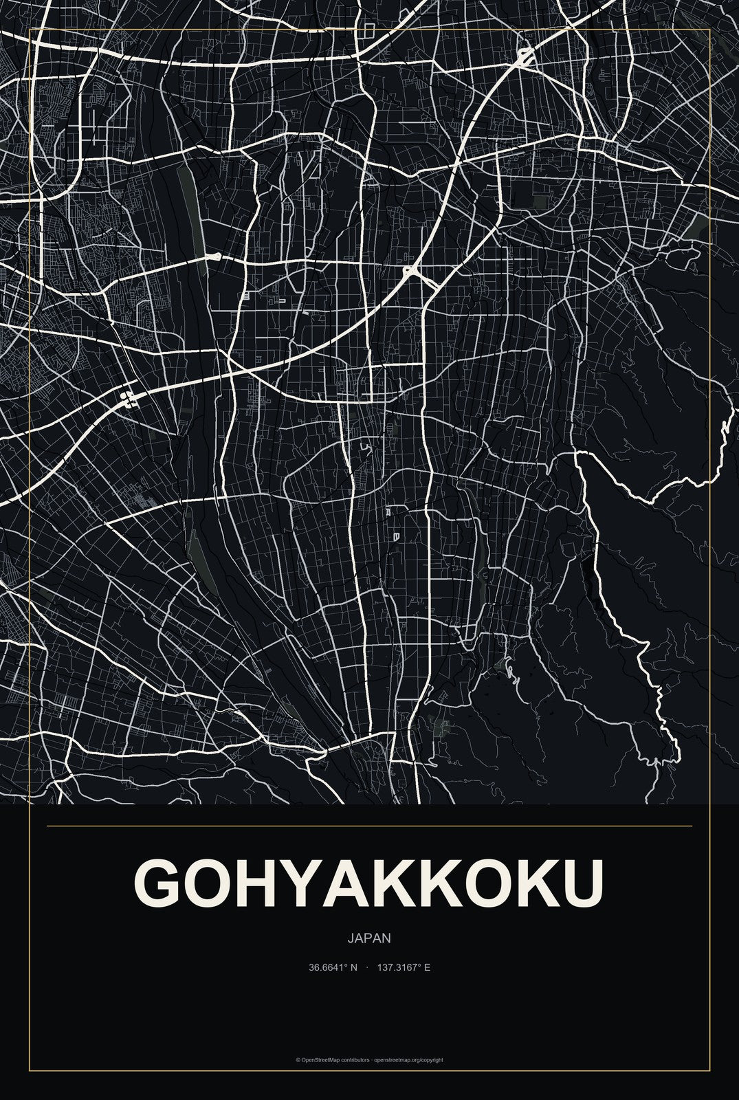 Gohyakkoku, Japan City Map Aluminum Sign in Metropolitan Noir style