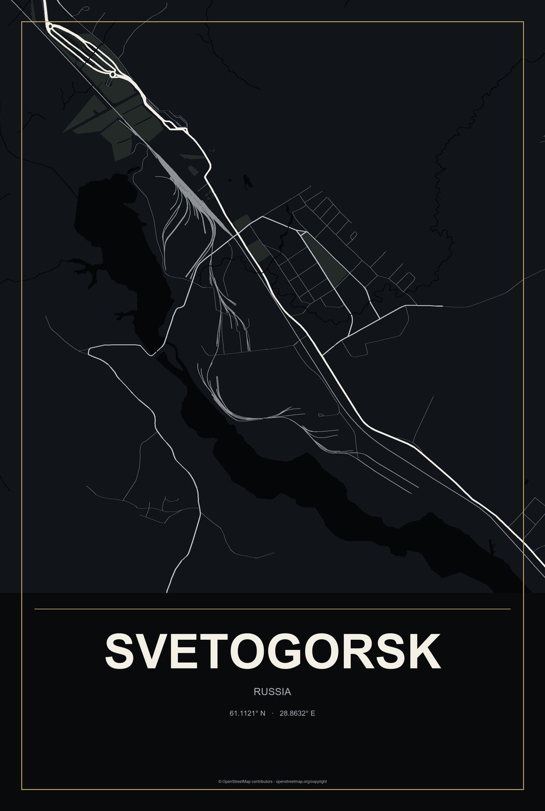 Svetogorsk, Russia City Map Aluminum Sign in Metropolitan Noir style