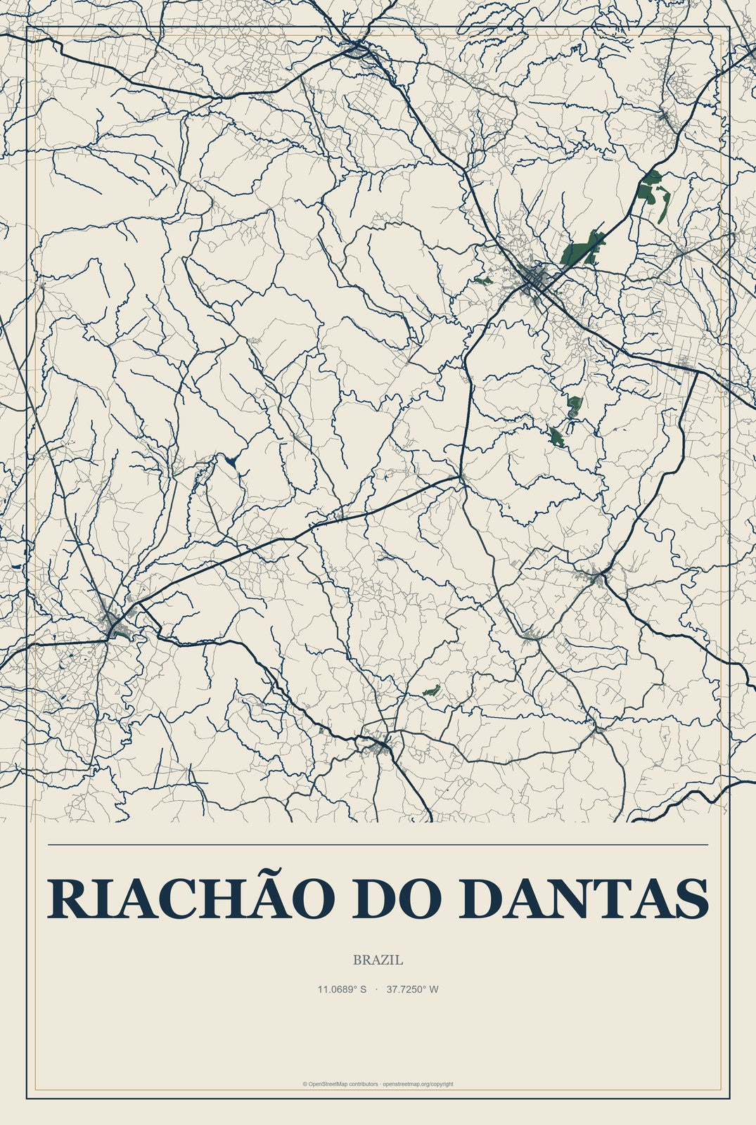 Riachão do Dantas, Brazil City Map Aluminum Sign in Coastal Cutout style
