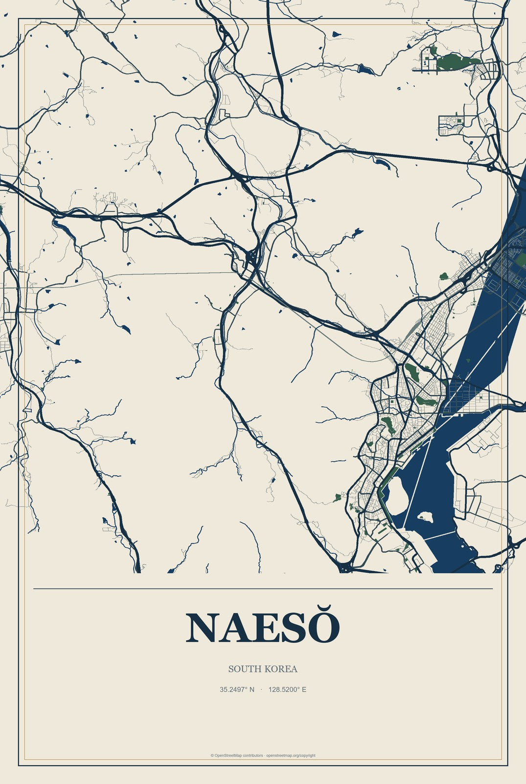 Naesŏ, South Korea City Map Aluminum Sign in Coastal Cutout style