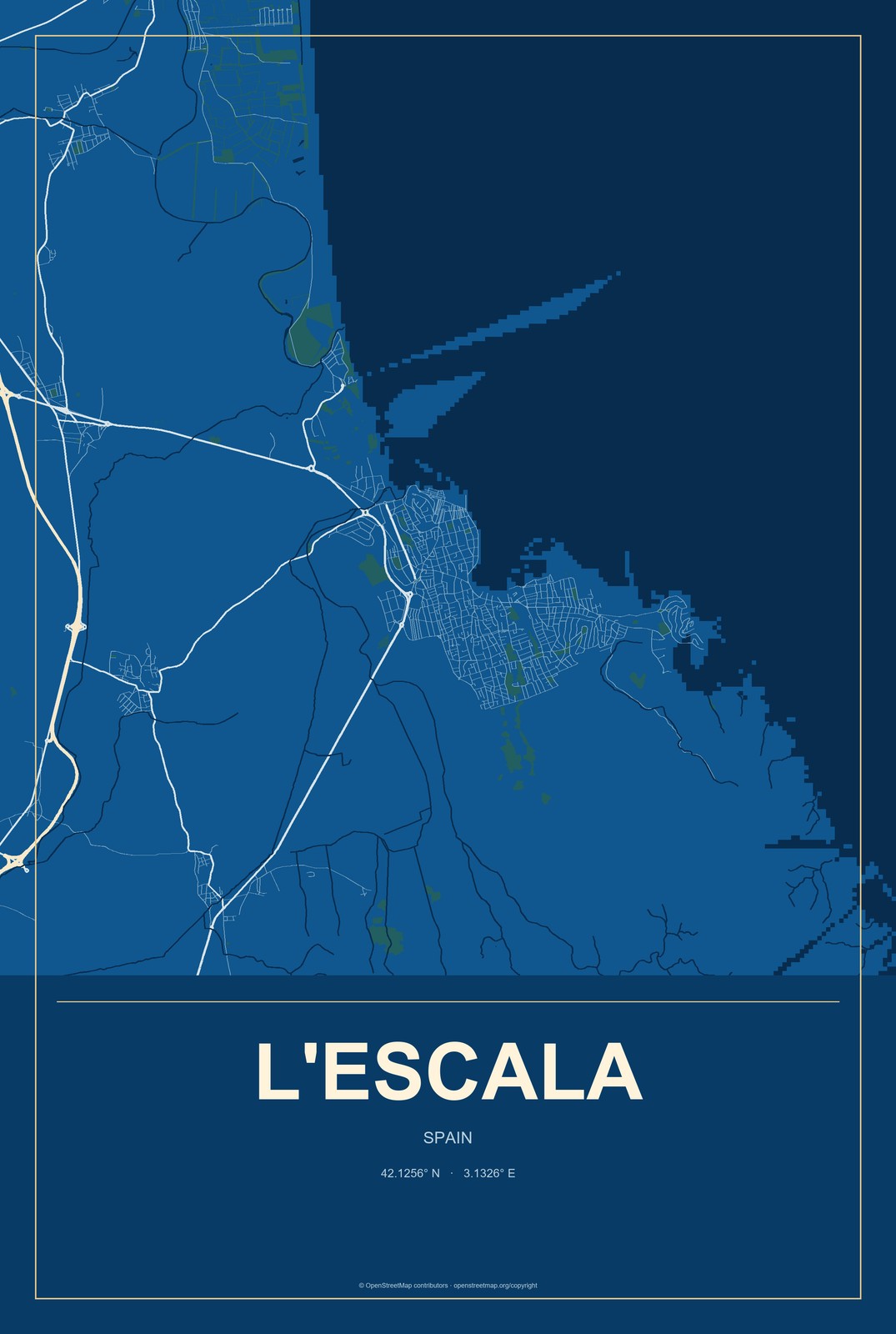 l'Escala, Spain City Map Aluminum Sign in Harbor Cobalt style