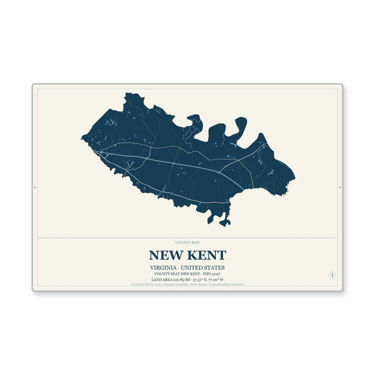 New Kent County, Virginia Map Aluminum Sign in Coastal Cutout style
