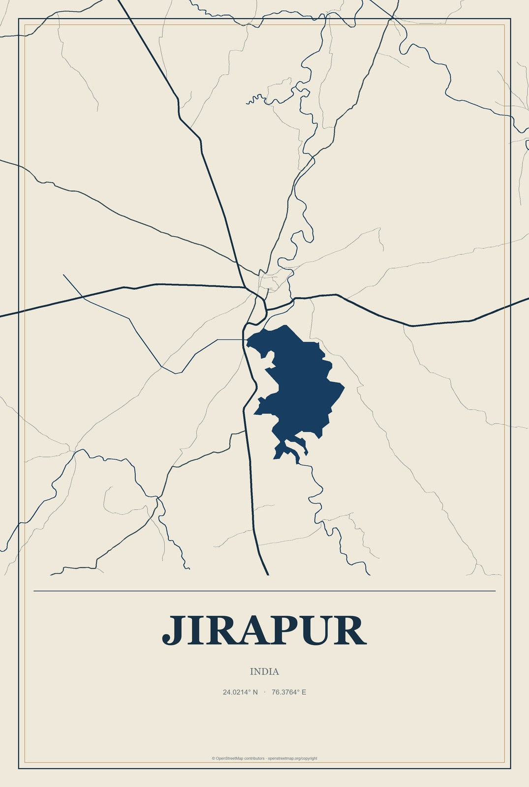 Jirapur, India City Map Aluminum Sign in Coastal Cutout style