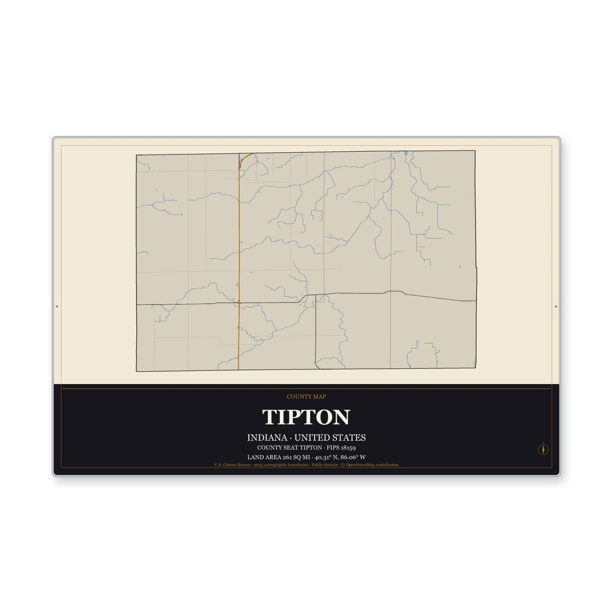 Tipton County, Indiana Map Aluminum Sign in Museum Plaque style
