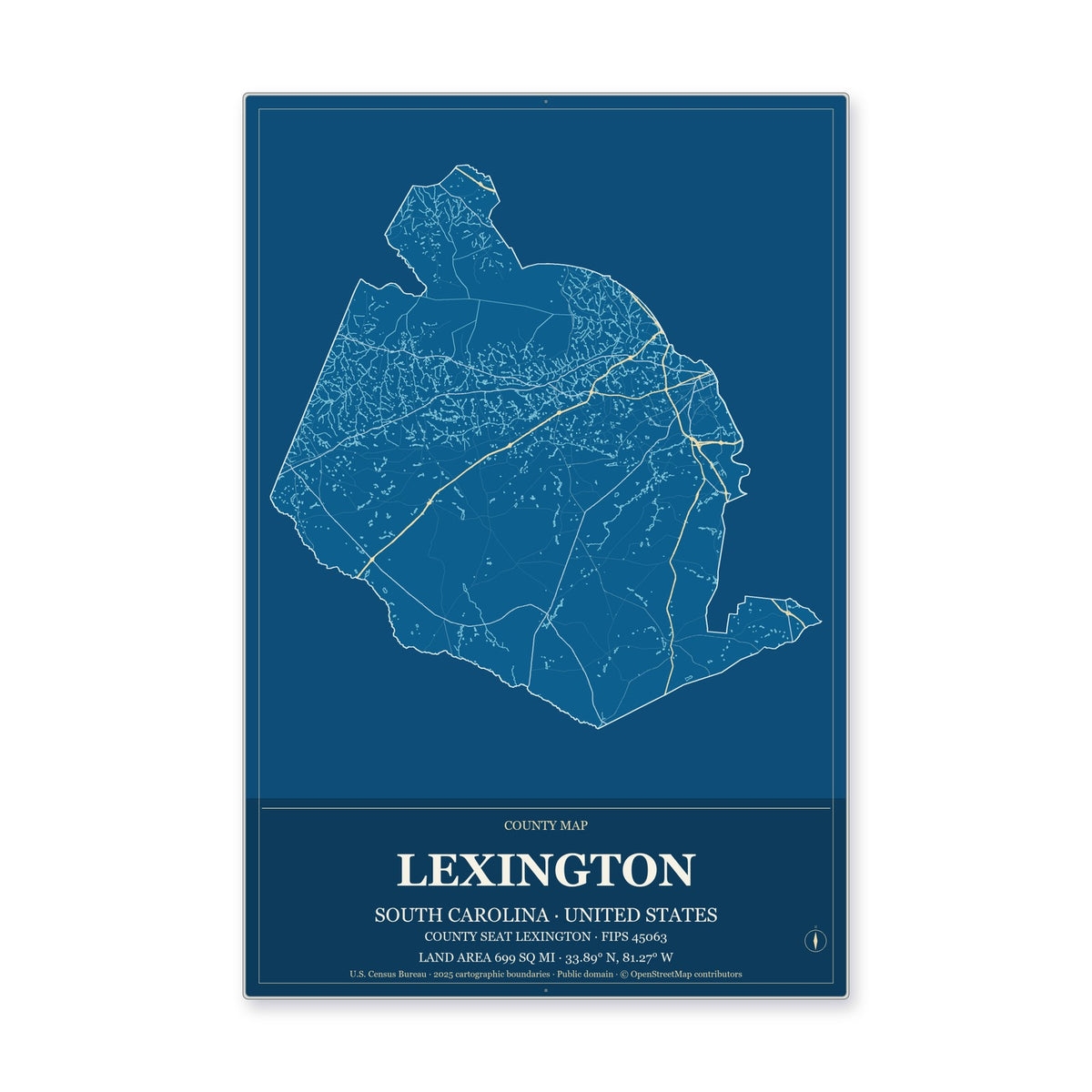 Lexington County, South Carolina Map Aluminum Sign in Harbor Cobalt style
