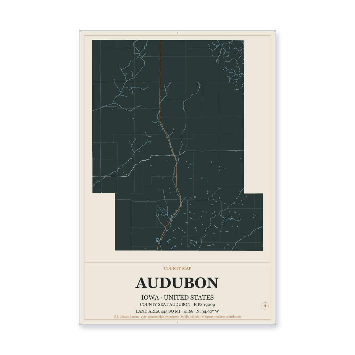 Audubon County, Iowa Map Aluminum Sign in Headline Atlas style