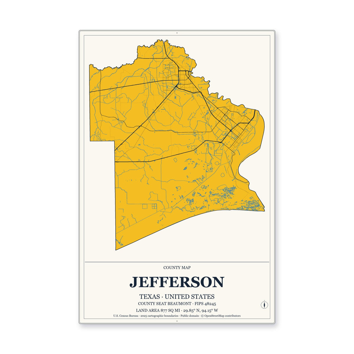 Jefferson County, Texas Map Aluminum Sign in Citrine Modern style