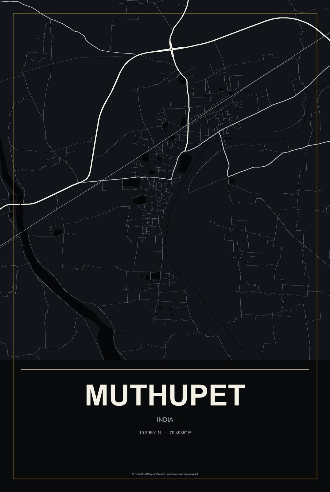 Muthupet, India City Map Aluminum Sign in Metropolitan Noir style