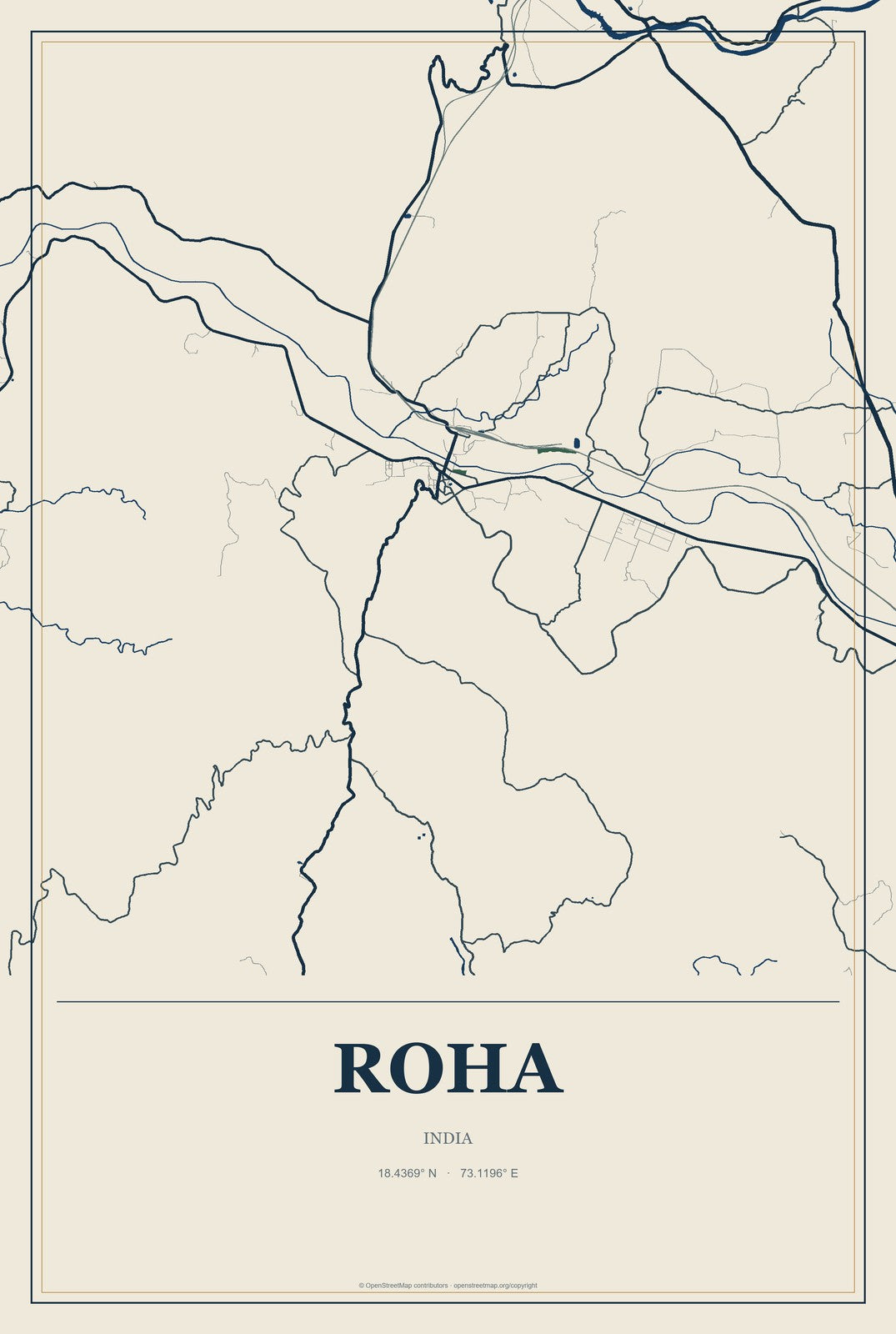 Roha, India City Map Aluminum Sign in Coastal Cutout style