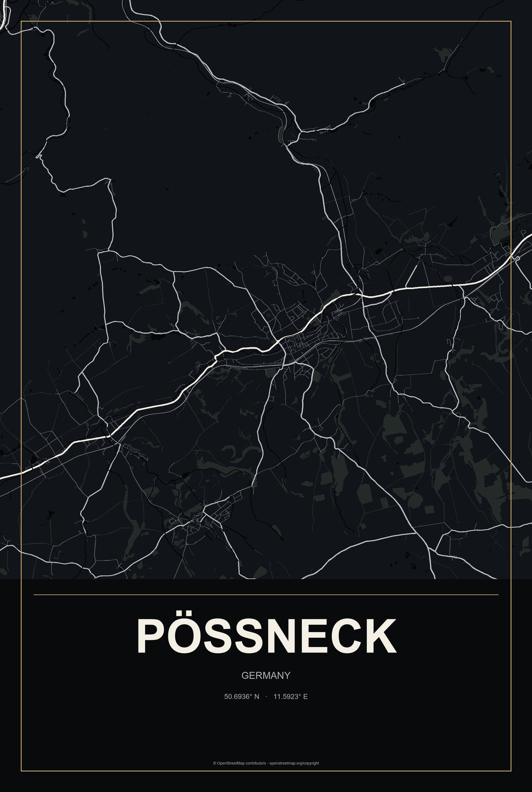 Pößneck, Germany City Map Aluminum Sign in Metropolitan Noir style