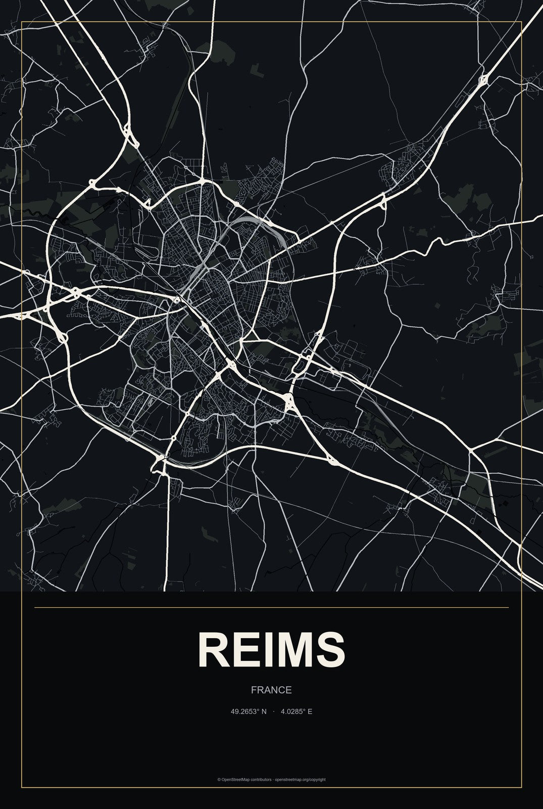 Reims, France City Map Aluminum Sign in Metropolitan Noir style