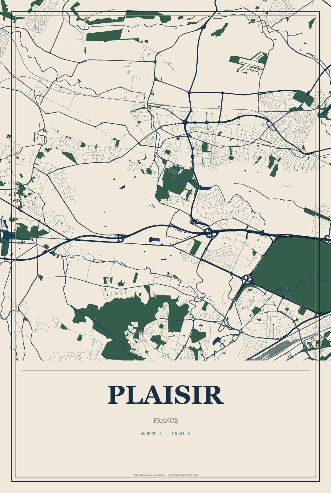Plaisir, France City Map Aluminum Sign in Coastal Cutout style
