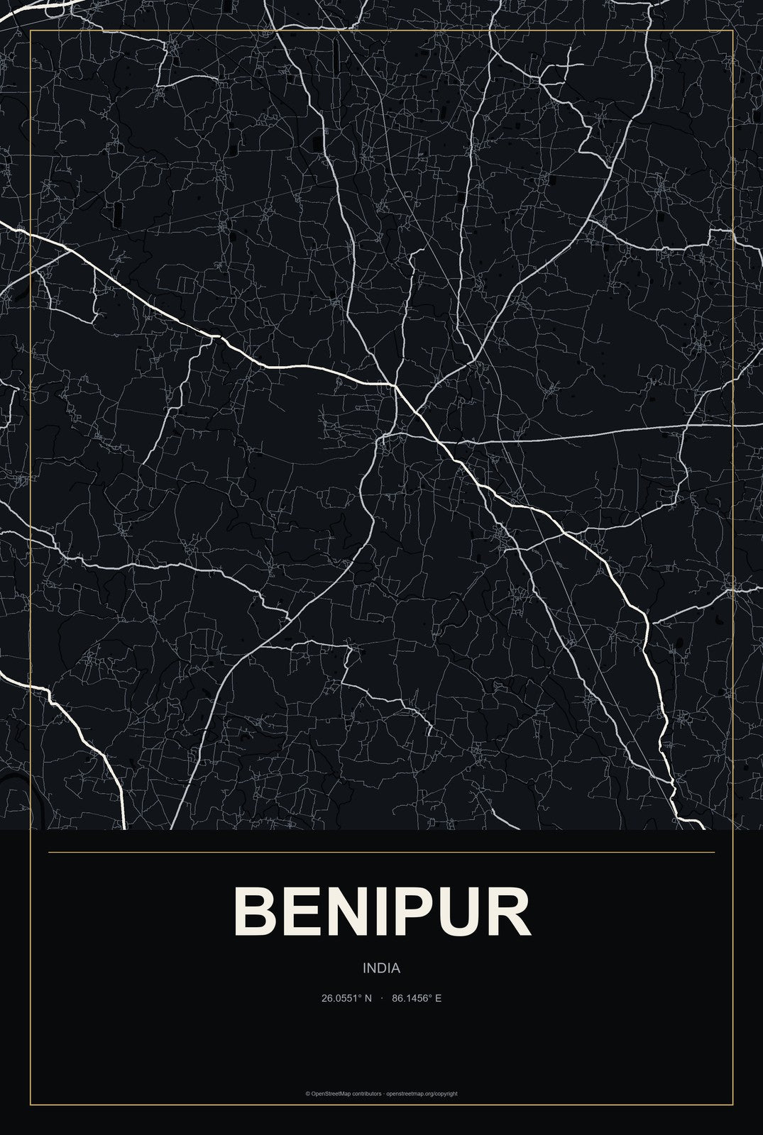 Benipur, India City Map Aluminum Sign in Metropolitan Noir style