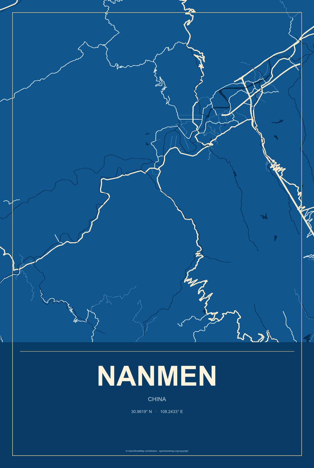 Nanmen, China City Map Aluminum Sign in Harbor Cobalt style