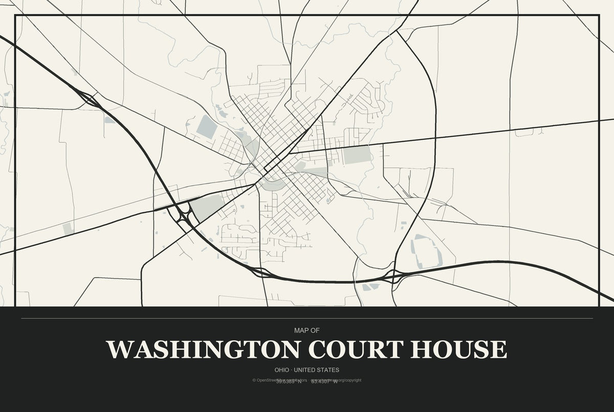 Washington Court House, Ohio City Map Aluminum Sign in Museum Plaque style