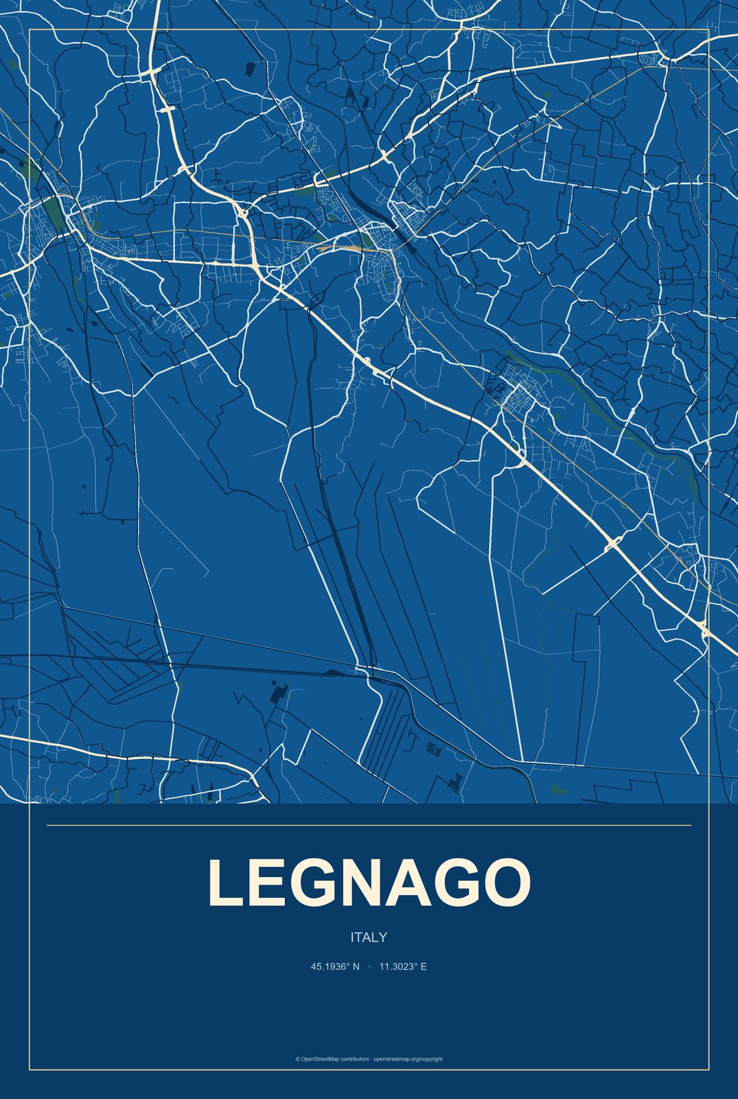Legnago, Italy City Map Aluminum Sign in Harbor Cobalt style